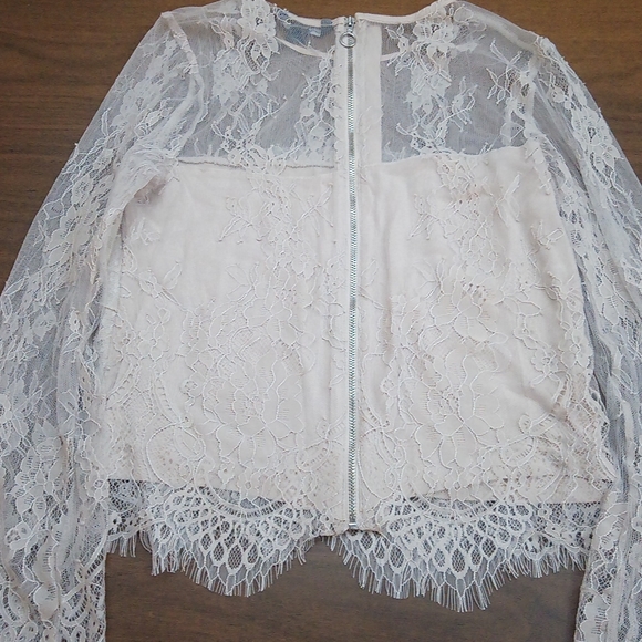 American Eagle Lacey Layered Polka-dot Long Bell Sleeve Zipper Back Blouse Top - Picture 15 of 16